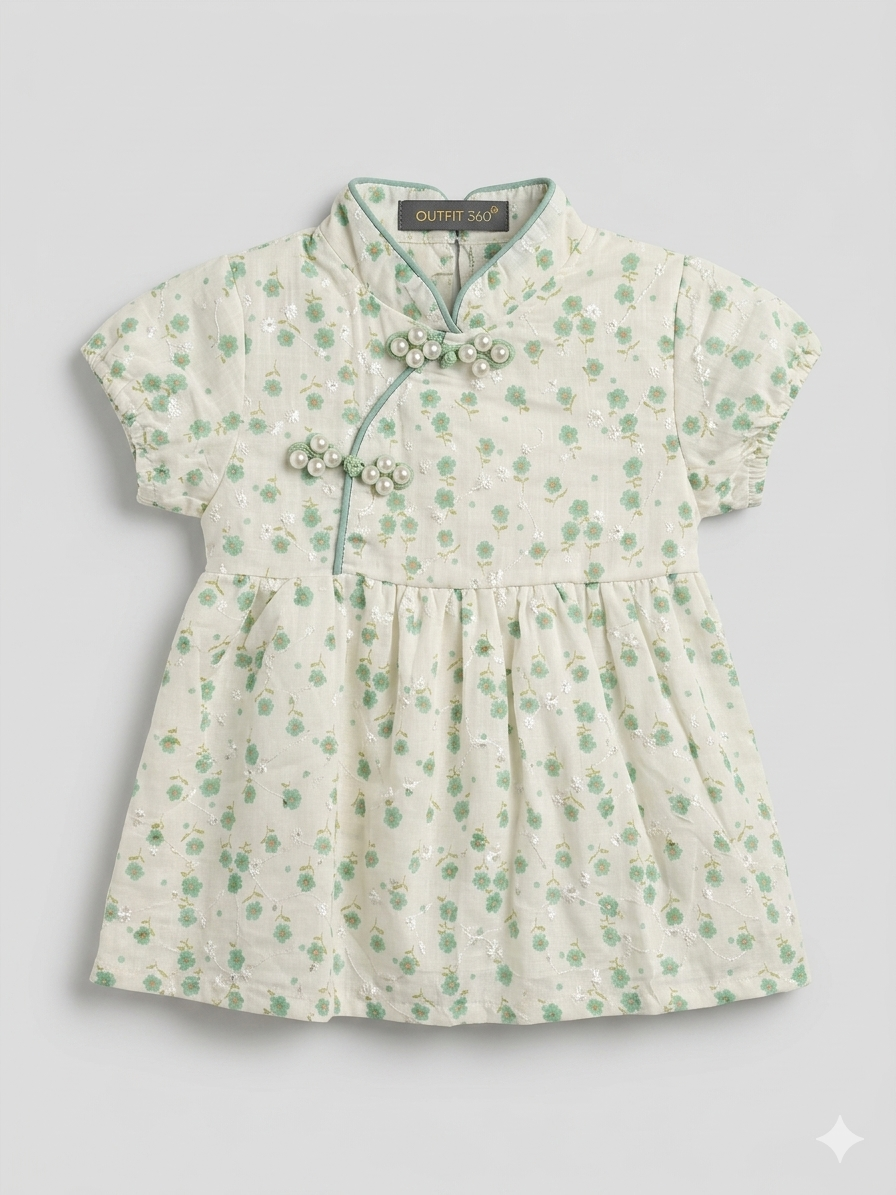 Girls Green Floral Wrap Style Dress – Casual Summer Frock