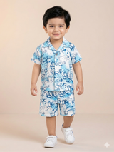 Boys Blue Floral Shirt & Shorts Set – Casual Cotton Summer Outfit