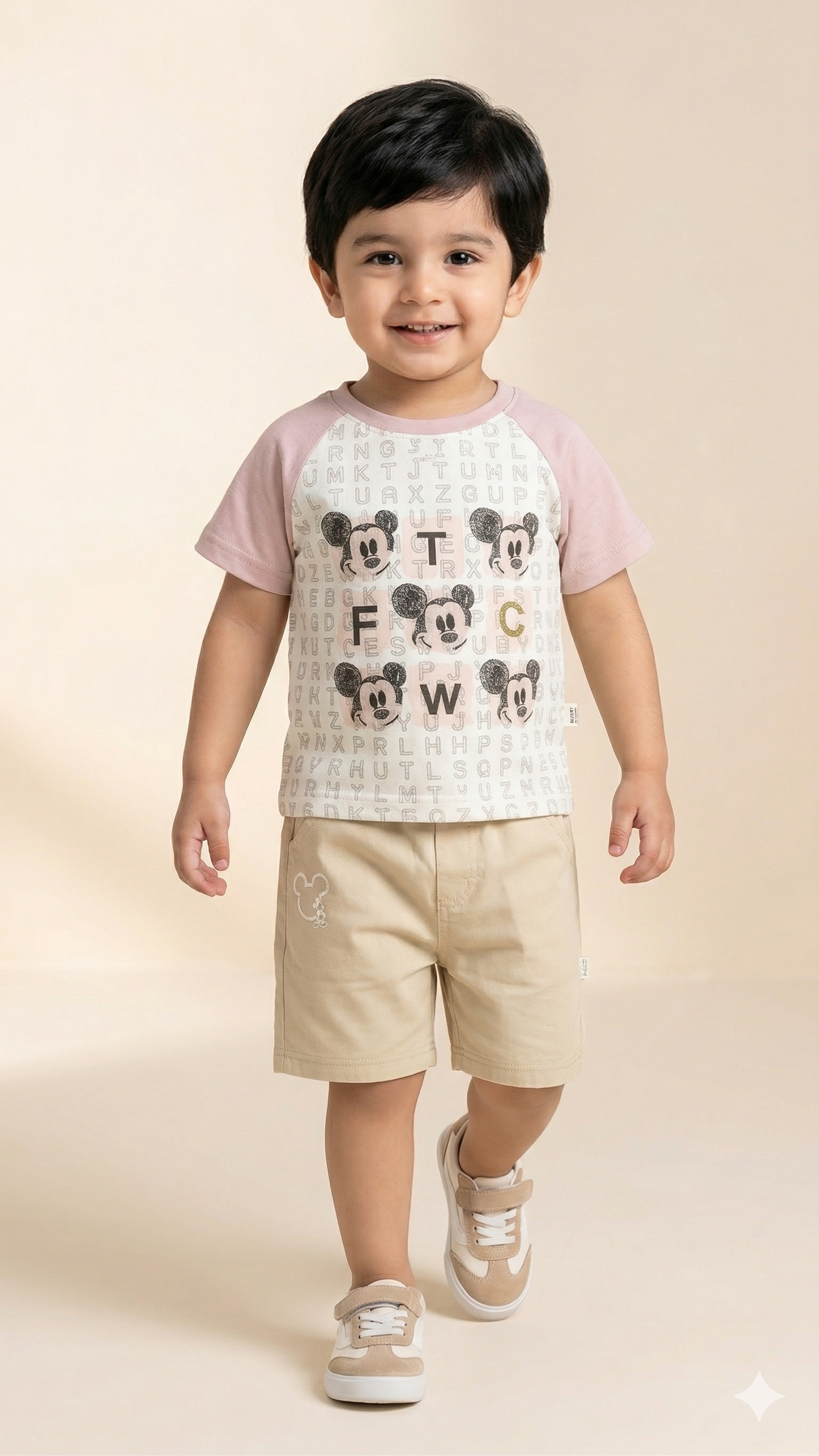 Boys Graphic T-Shirt & Shorts Set – Soft Cotton Summer Outfit (Beige & Cream)