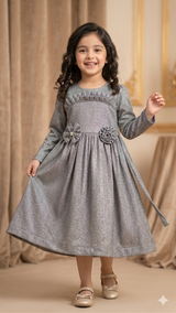 Girls Embroidered Maxi Dress – Elegant Party Wear (Grey)