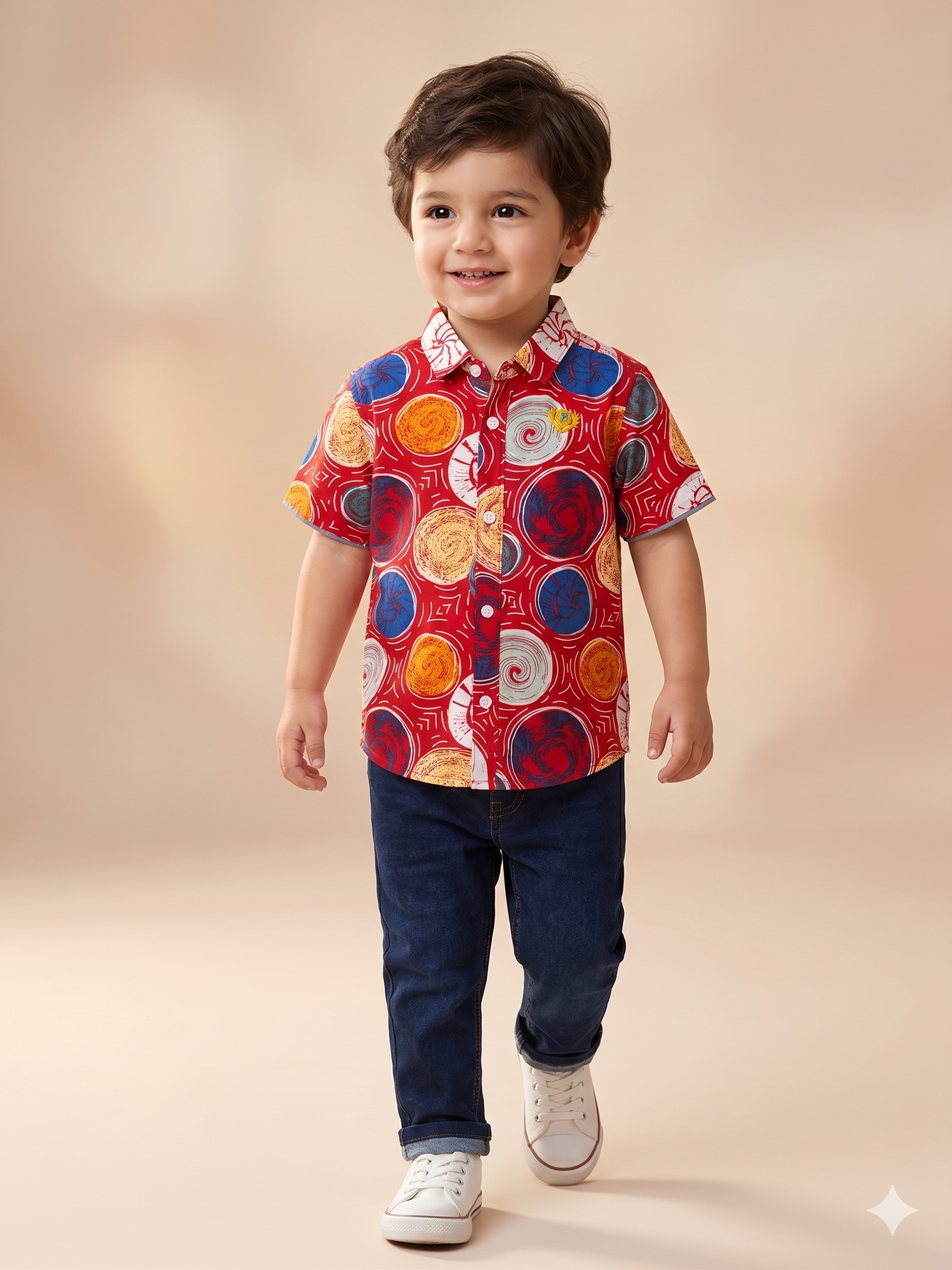 Boys Red Multi-Color Printed Shirt – Casual Cotton Short Sleeve Top