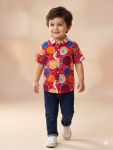 Boys Red Multi-Color Printed Shirt – Casual Cotton Short Sleeve Top
