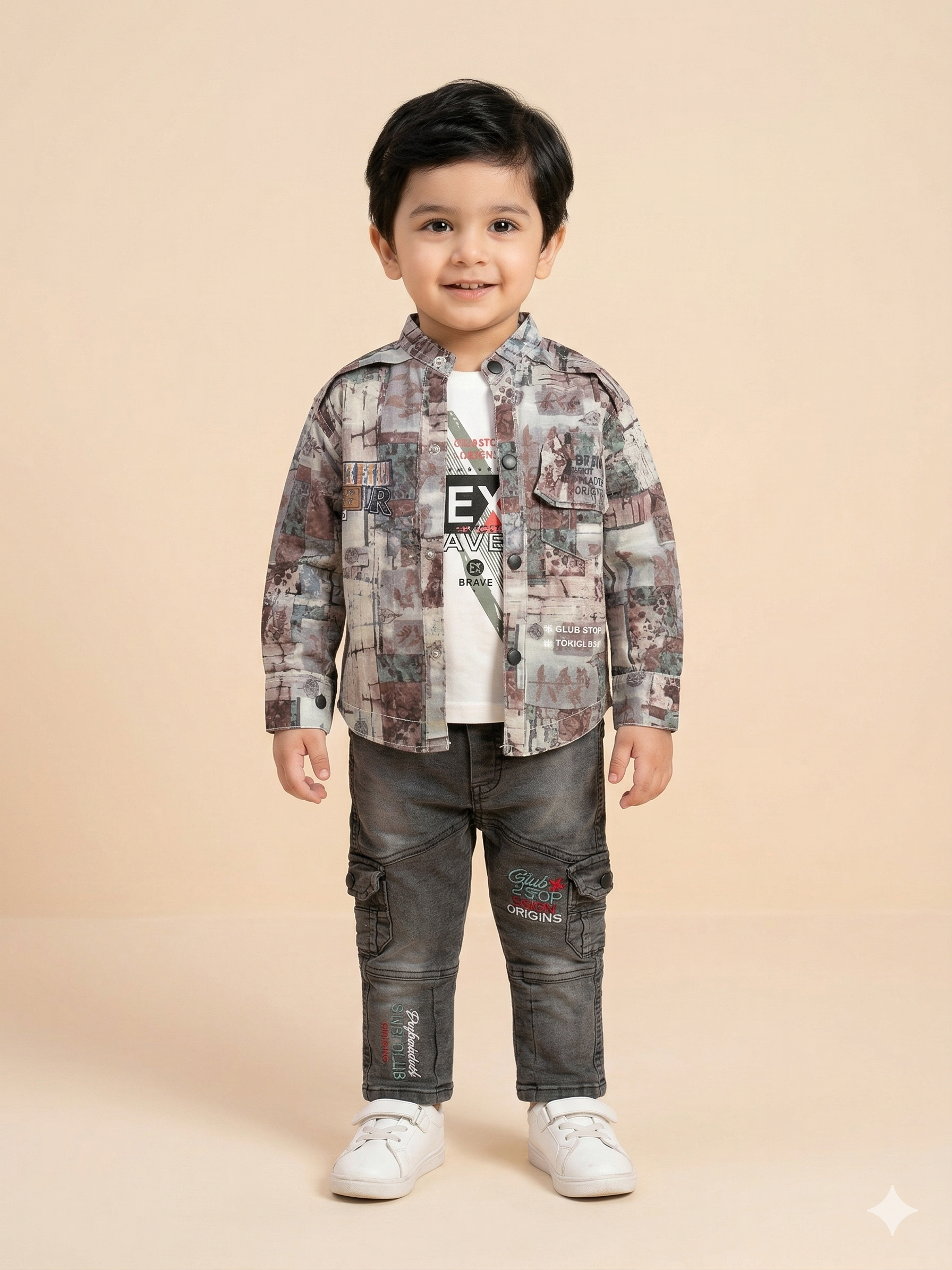 Boys Printed Shirt, T-Shirt & Jeans 3-Piece Set – Casual Cotton Outfit
