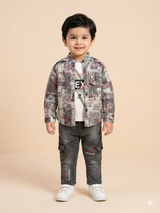Boys Printed Shirt, T-Shirt & Jeans 3-Piece Set – Casual Cotton Outfit