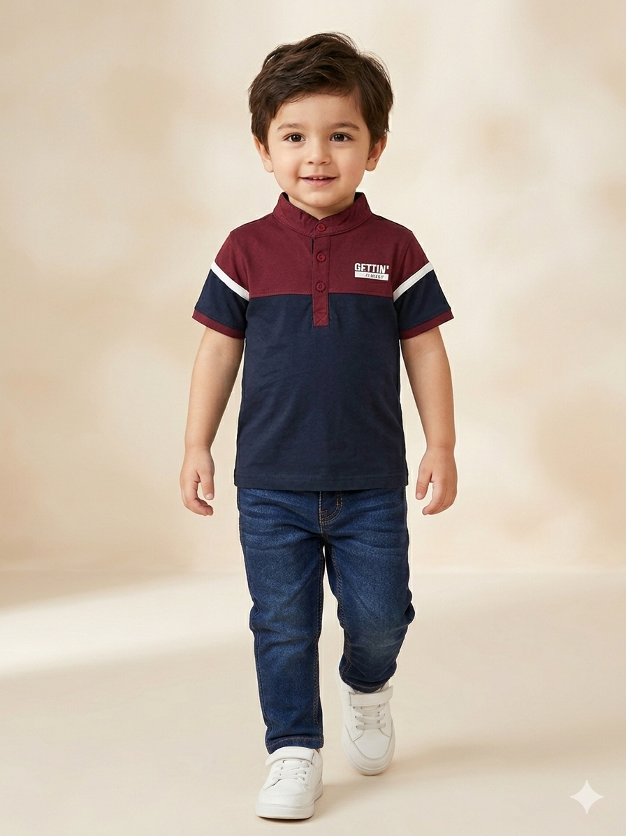 Boys Navy & Maroon Color Block T-Shirt – Casual Cotton Short Sleeve Top