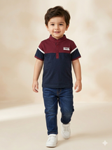 Boys Navy & Maroon Color Block T-Shirt – Casual Cotton Short Sleeve Top
