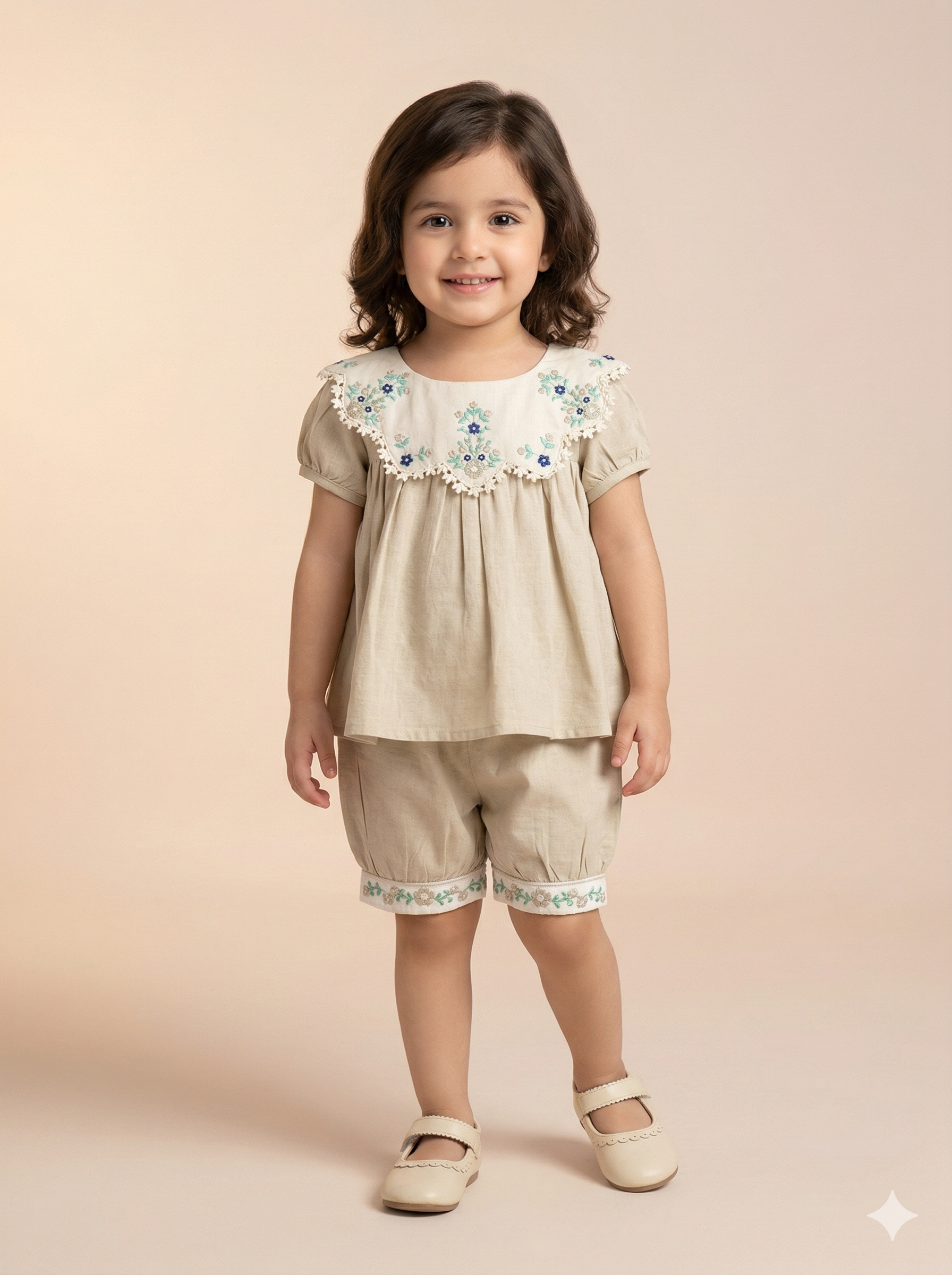 Girls Beige Embroidered Top & Shorts Set – Casual Cotton Summer Outfit