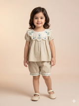 Girls Beige Embroidered Top & Shorts Set – Casual Cotton Summer Outfit