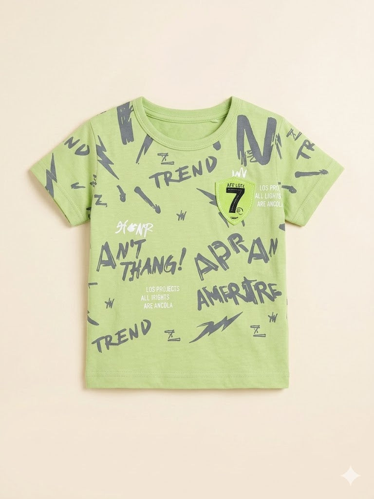 Boys Light Green Printed T-Shirt – Casual Cotton Short Sleeve Top