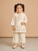 Girls Cream Embroidered Kurti Trouser Set – Elegant Kids Traditional Wear