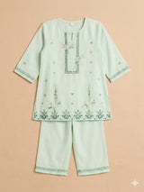 Girls Mint Green Embroidered Kurti Trouser Set – Elegant Kids Ethnic Wear