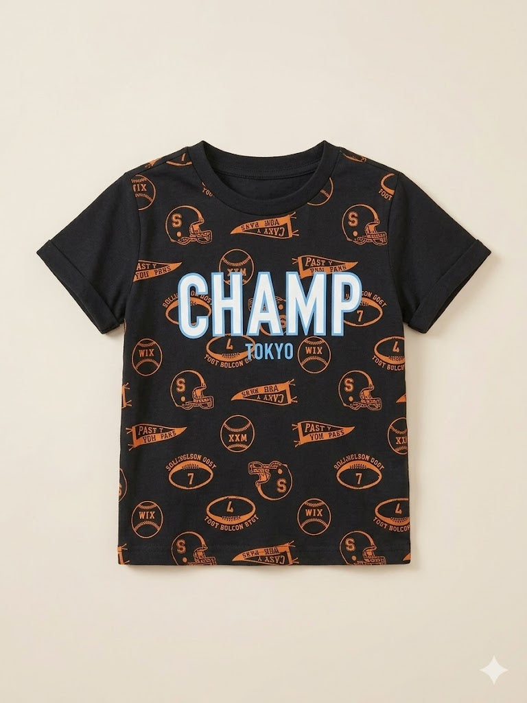 Boys Black “Champ” Graphic T-Shirt – Casual Cotton Short Sleeve Top