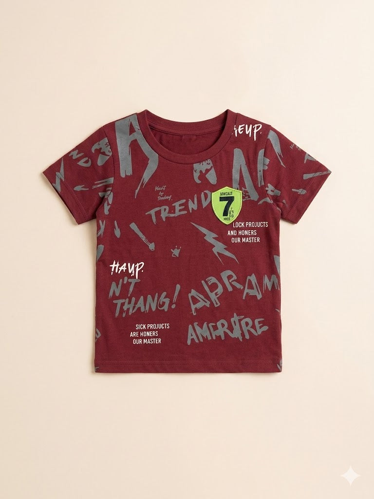 Boys Maroon Graphic T-Shirt – Casual Cotton Short Sleeve Top