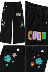 Girls Black Cargo Wide Leg Jeans – Floral Embroidered Denim Pants