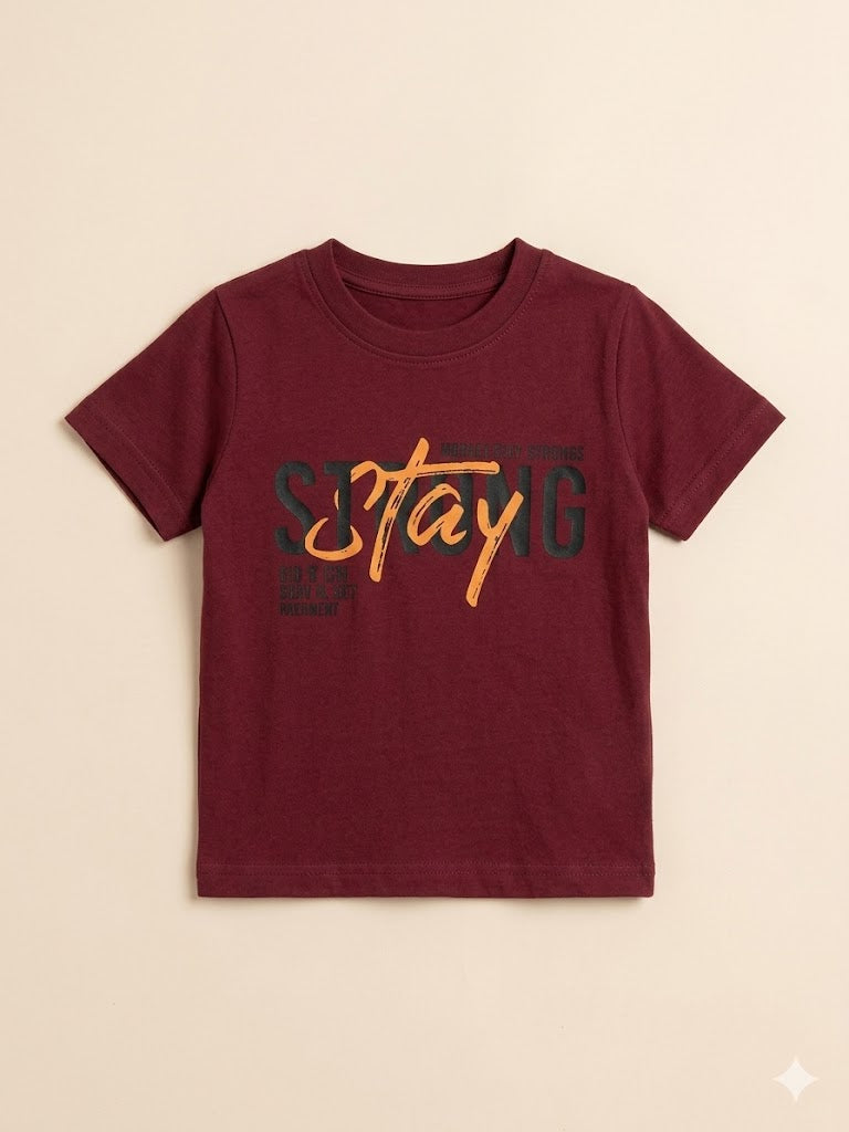 Boys Maroon “Stay” Graphic T-Shirt – Casual Cotton Short Sleeve Top