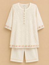Girls Off White Embroidered 2 Piece Suit Set – Elegant Floral Ethnic Wear for Kids
