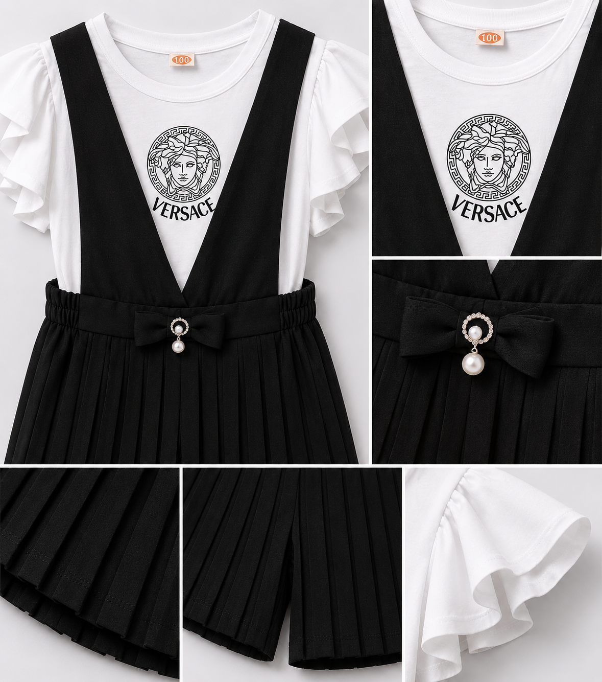 Girls Black Pleated Jumsuit Set – Flutter Sleeve Top & Bow Detail Romper
