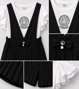 Girls Black Pleated Jumsuit Set – Flutter Sleeve Top & Bow Detail Romper