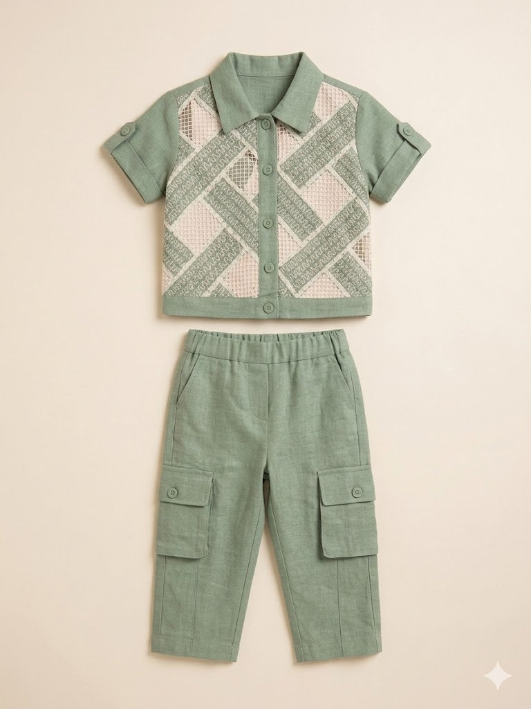 Kids Olive Printed Shirt & Trousers Set – Casual Cotton Outfit