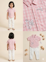 Girls Pink Check Shirt & White Trouser Set – Smart Casual 2-Piece Outfit