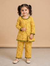Girls Yellow Floral Printed Co-Ord Set – Kids Ethnic Casual Wear with Mini Bag