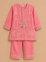 Girls Pink Embroidered 2 Piece Suit Set – Elegant Ethnic Festive Wear for Kids