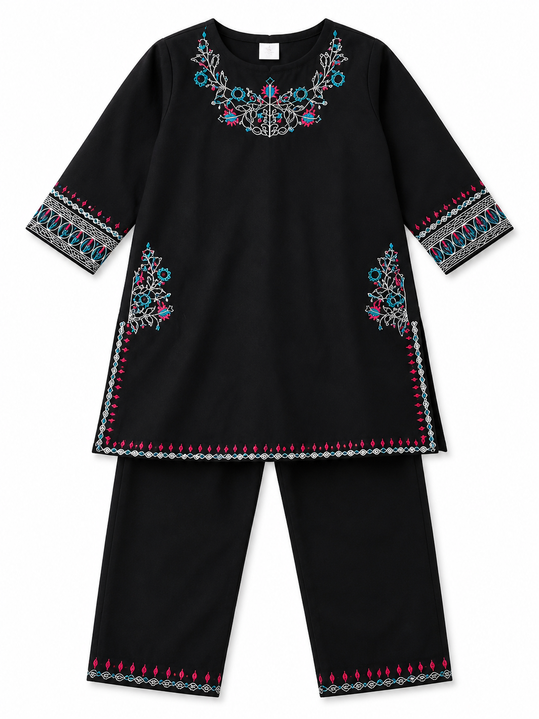 Girls Black Embroidered Kurti Trouser Set