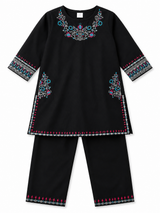 Girls Black Embroidered Kurti Trouser Set