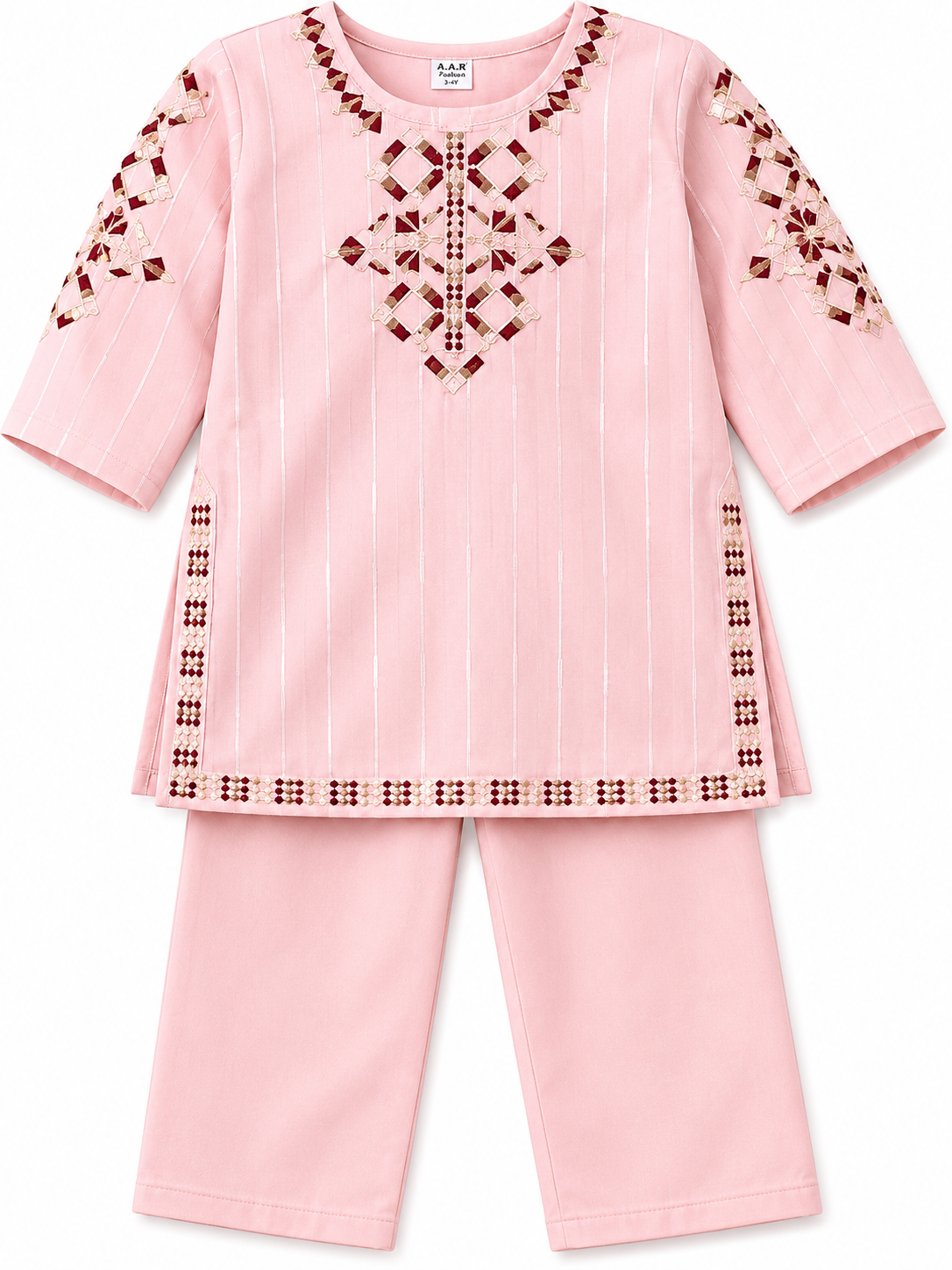 Girls Pink Embroidered Kurti Trouser Set
