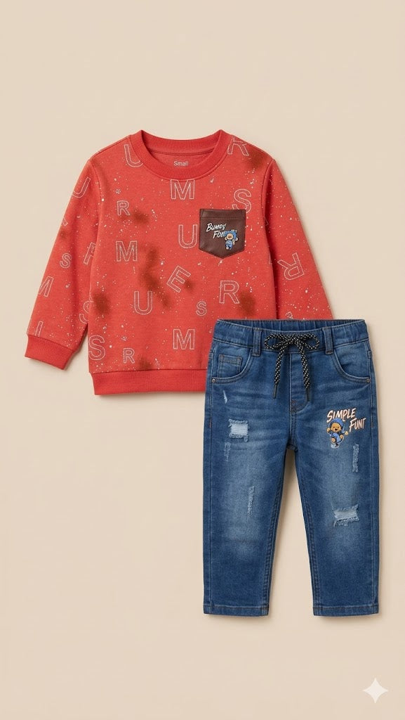 Boys Graphic Sweatshirt & Denim Jeans Set – Casual Cotton Outfit (Red & Blue)