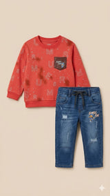 Boys Graphic Sweatshirt & Denim Jeans Set – Casual Cotton Outfit (Red & Blue)