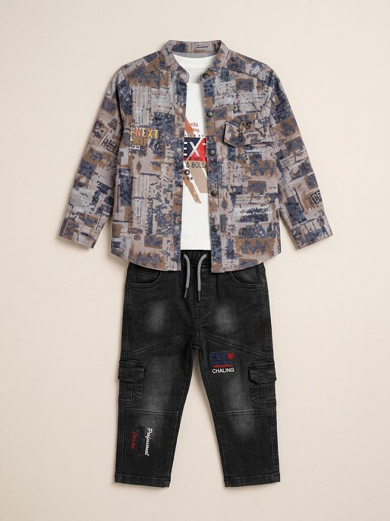Boys Printed Shirt, Graphic T-Shirt & Jeans 3-Piece Set – Casual Cotton Outfit