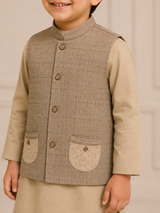 Boys Beige Waistcoat Kurta Trouser Set – Classic Formal Eastern Wear