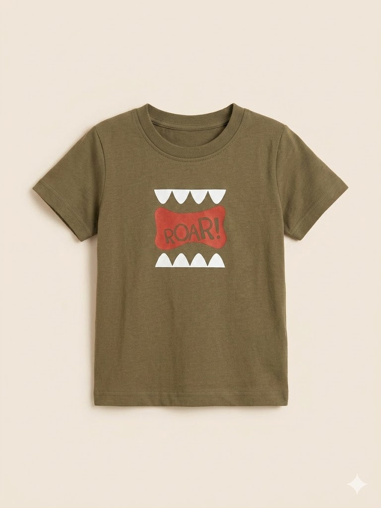 Boys Olive Green Graphic T-Shirt – Casual Cotton Short Sleeve Top