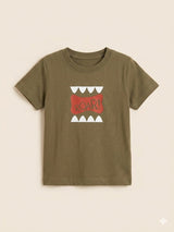Boys Olive Green Graphic T-Shirt – Casual Cotton Short Sleeve Top