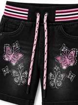 Girls Black Butterfly Denim Shorts – Stylish Printed Kids Summer Shorts