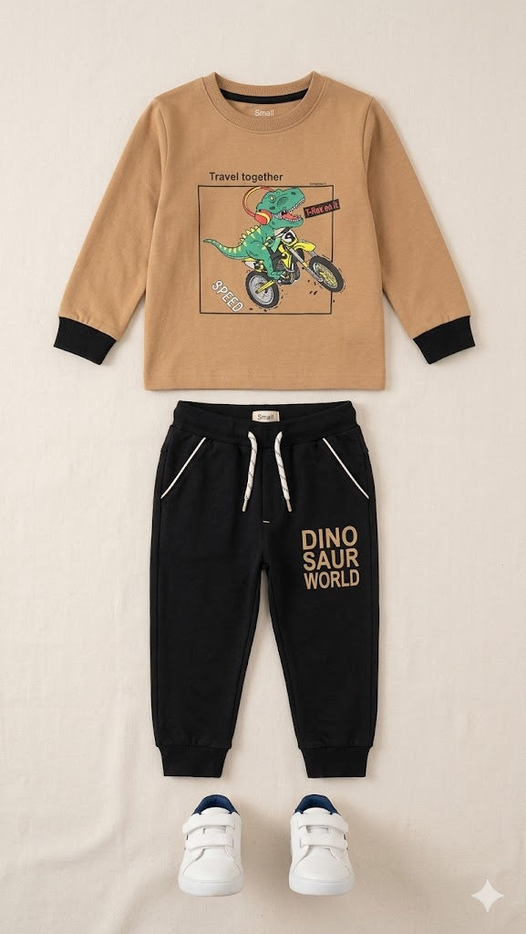 Boys Graphic Sweatshirt & Jogger Set – Soft Cotton Outfit (Brown & Black)