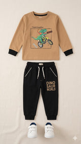 Boys Graphic Sweatshirt & Jogger Set – Soft Cotton Outfit (Brown & Black)