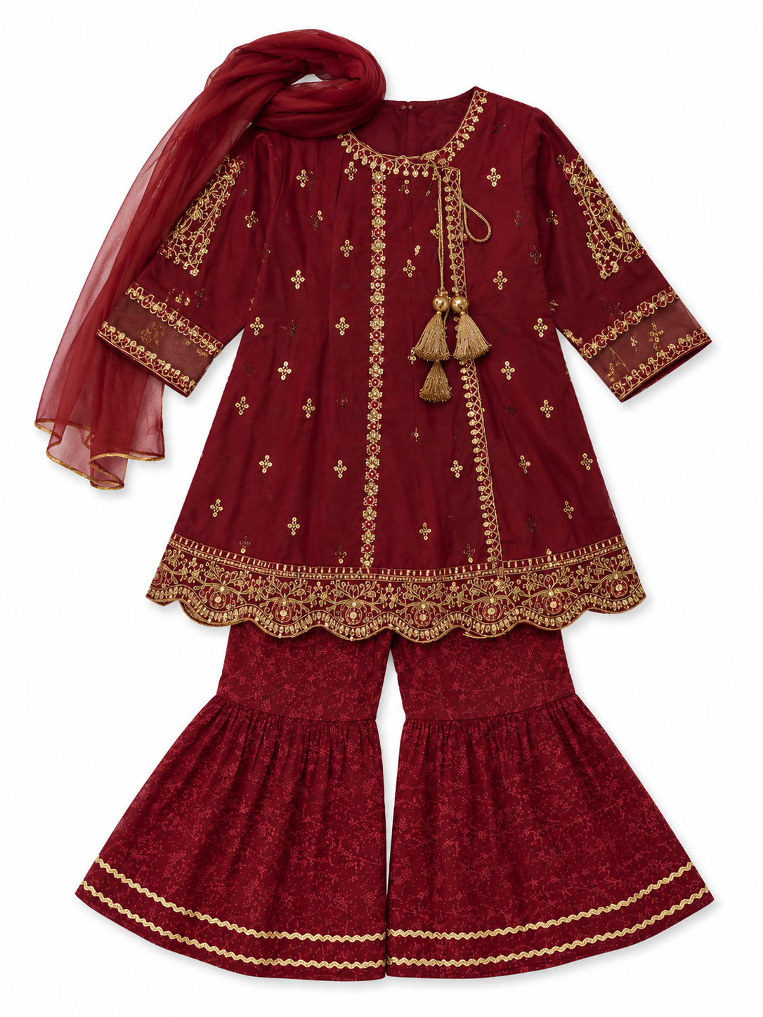 Girls Maroon Embroidered Kurti Gharara Set with Dupatta