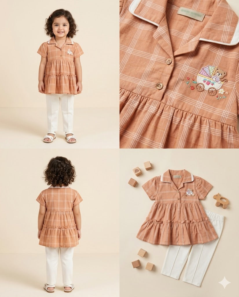 Girls Peach Peplum Top & White Pants Set – 2-Piece Casual Outfit