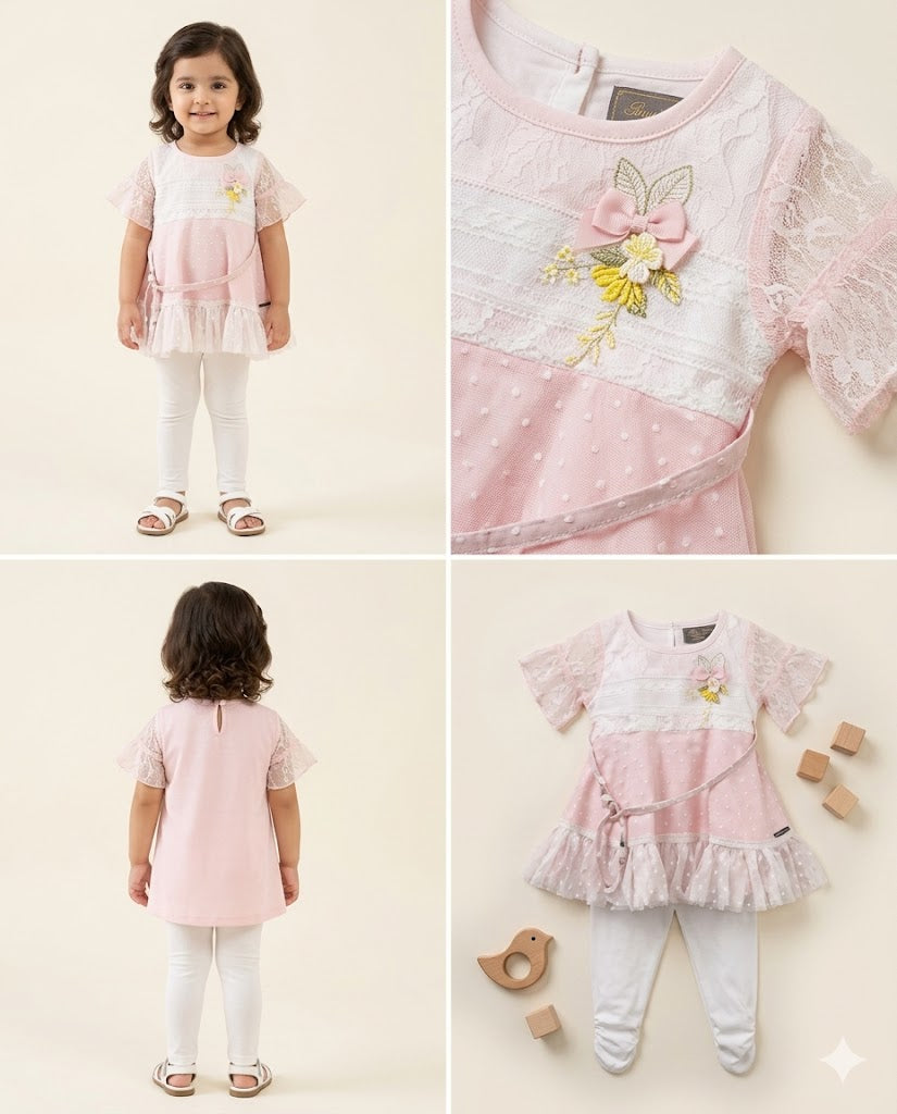 Girls Fancy Frill Top & White Leggings Set – Pink Premium Style