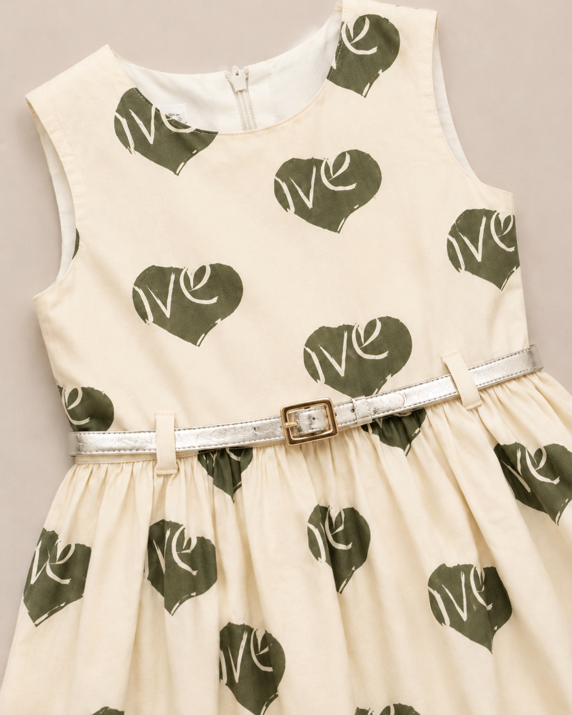 Girls Heart Print Sleeveless Dress – Elegant Belted Party Frock