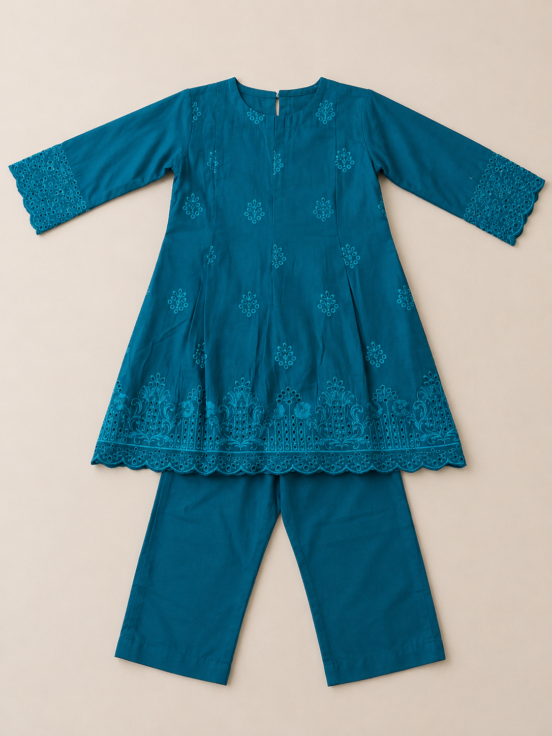 Girls Teal Blue Embroidered Kurti Trouser Set