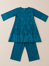 Girls Teal Blue Embroidered Kurti Trouser Set
