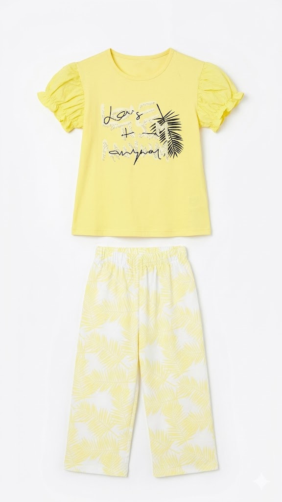 Girls Yellow Printed Night Suit Set