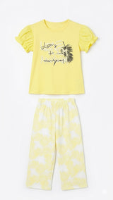 Girls Yellow Printed Night Suit Set