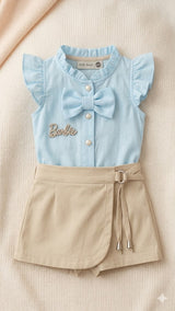 Baby Girl Ruffle Top & Shorts Set – Soft Cotton Summer Outfit (Blue & Beige)