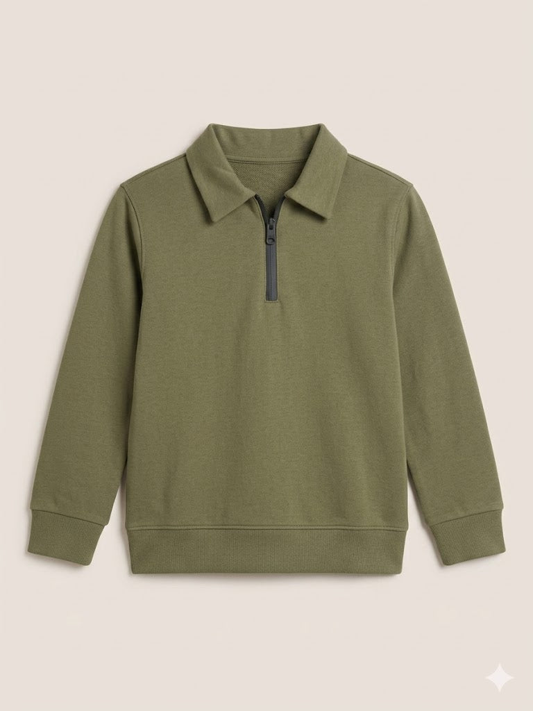 Boys Olive Green Zip Collar Knit Sweatshirt