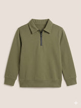 Boys Olive Green Zip Collar Knit Sweatshirt