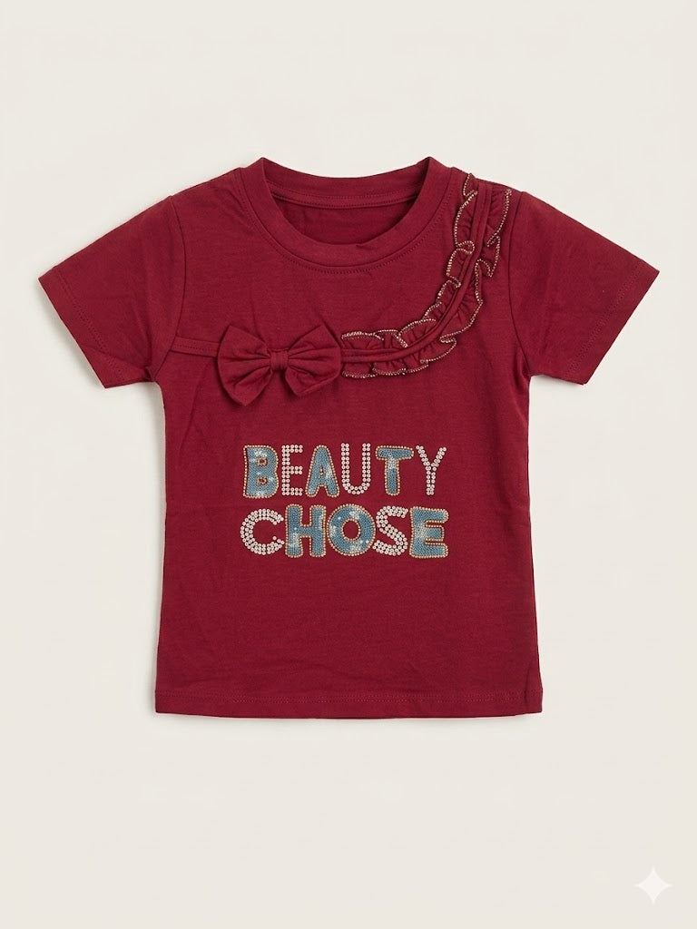 Girls Maroon "Beauty Chose" Bow Embellished T-Shirt